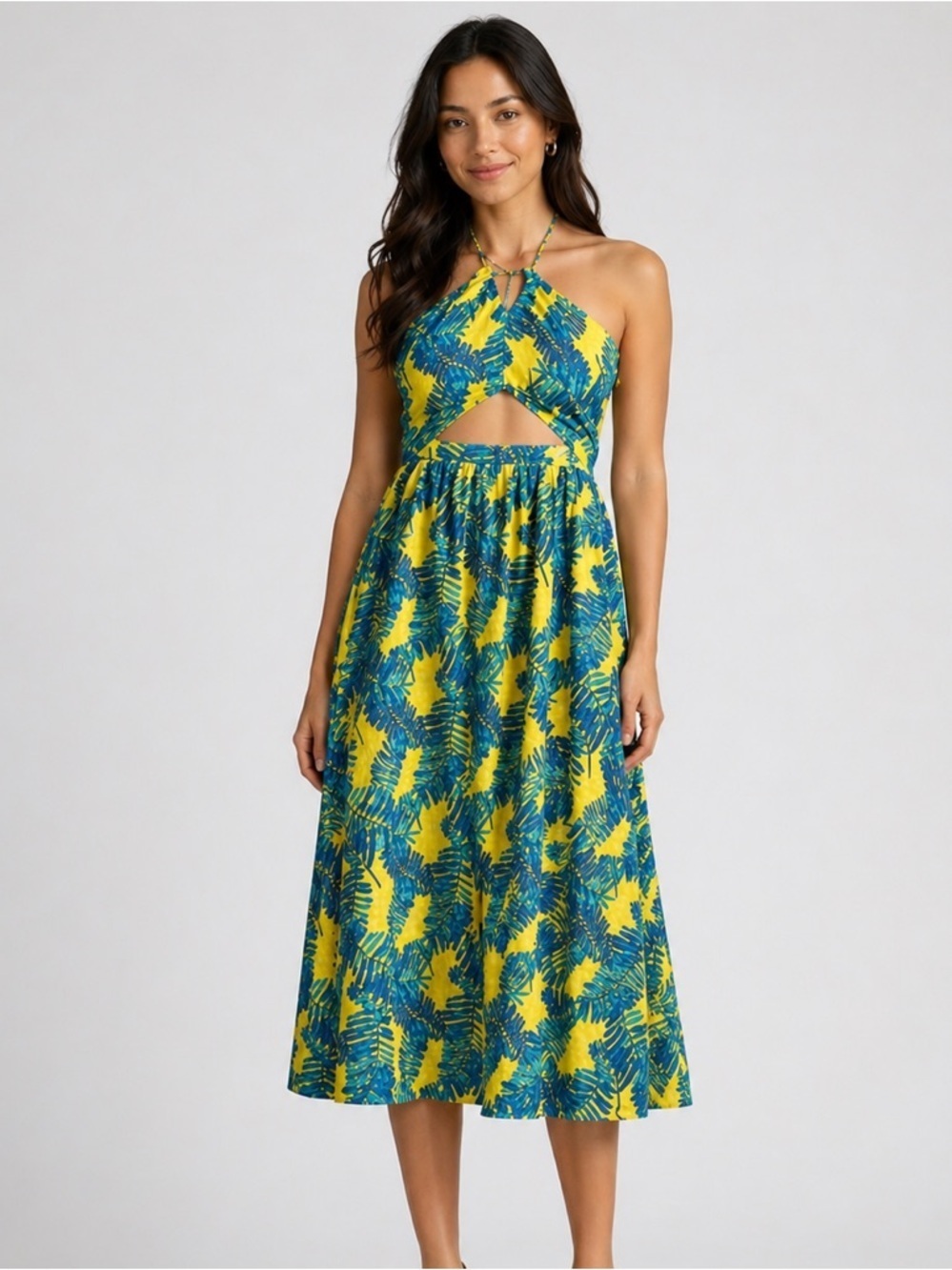 TANYA TAYLOR Tropical Print Cutout Halter Midi Dress Size 2